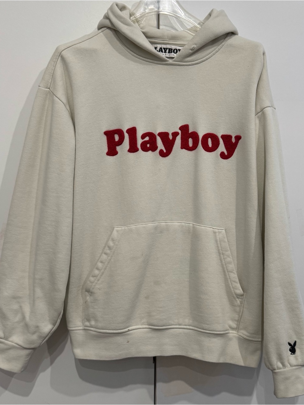 PLAYBOY Cream Pullover Hoodie with Black Logo Tag on Sleeve M